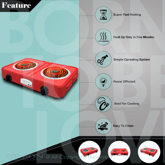 ORBON Electric Coil Cooking Stove 2000 + 2000 Watts Double Red