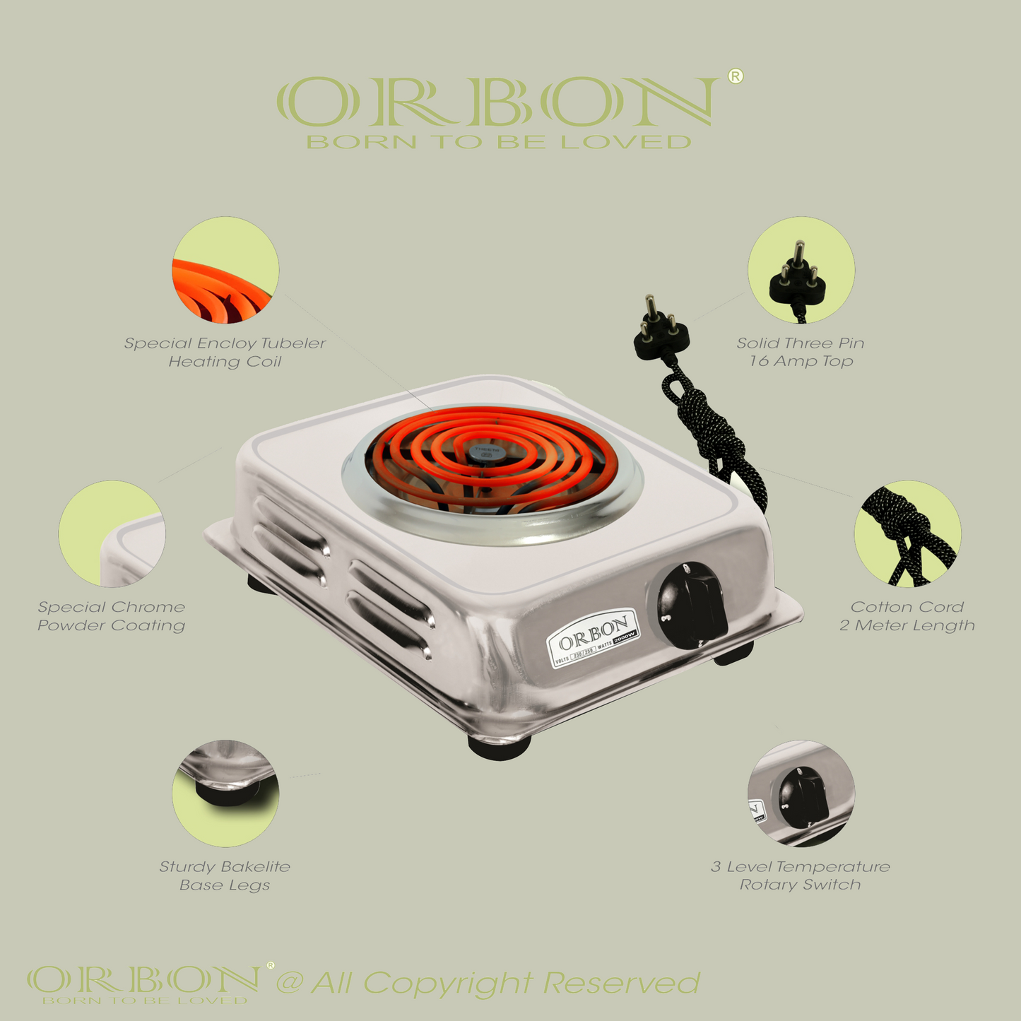 ORBON Electric Coil Cooking Stove 2000 Watts Jhonson Chrome