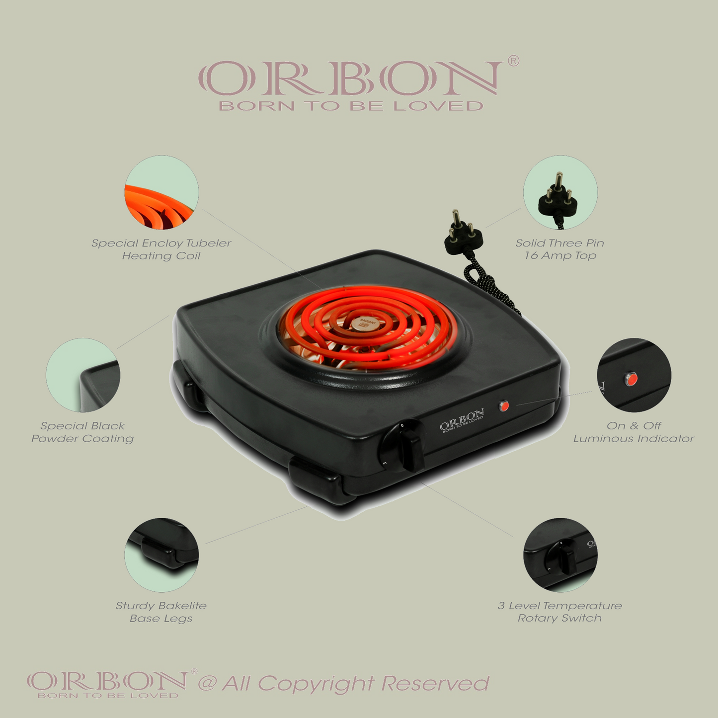 ORBON Electric Coil Cooking Stove 2000 Watts Classic Black