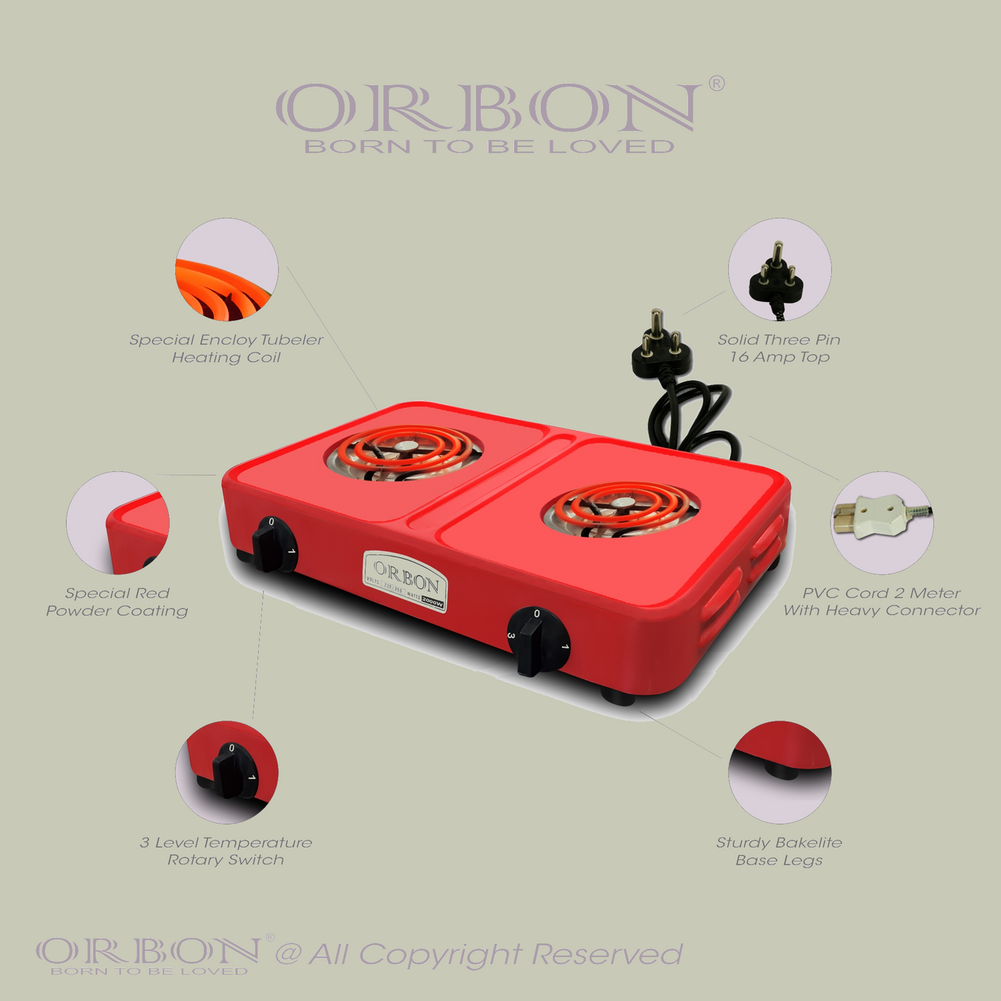 ORBON Electric Coil Cooking Stove 2000 + 2000 Watts Double Red