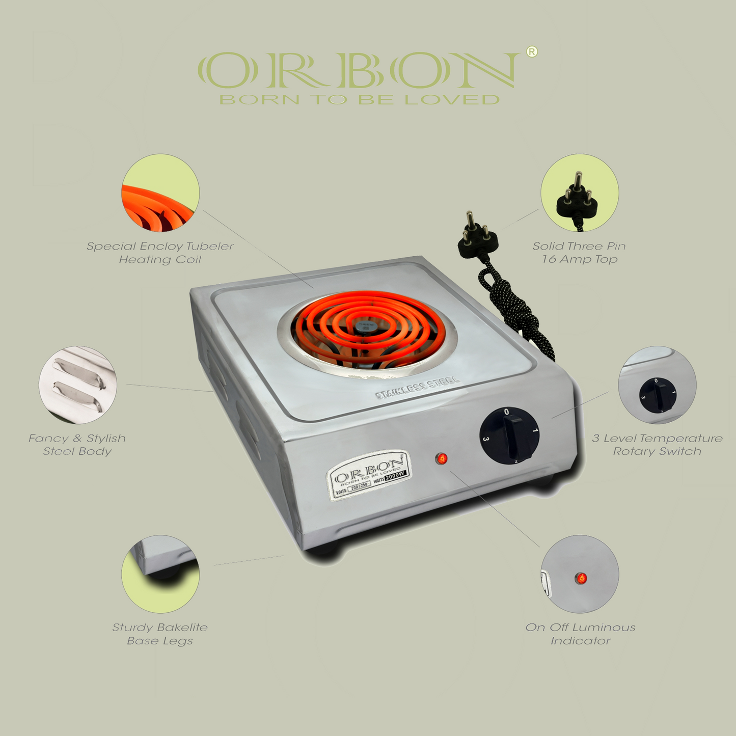 ORBON Electric Coil Cooking Stove 2000 Watts Steel Butterfly
