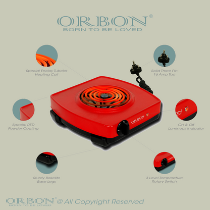 ORBON Electric Coil Cooking Stove 2000 Watts Classic Red