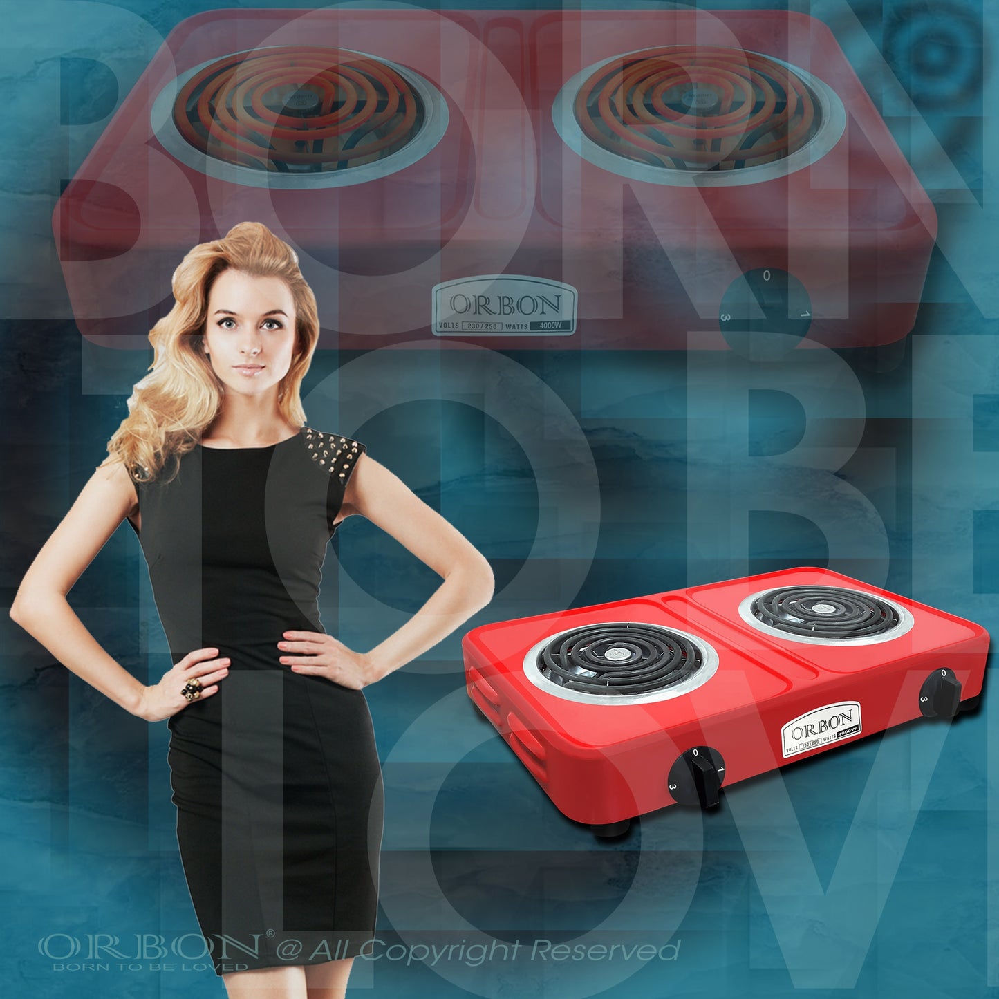 ORBON Electric Coil Cooking Stove 2000 + 2000 Watts Double Red