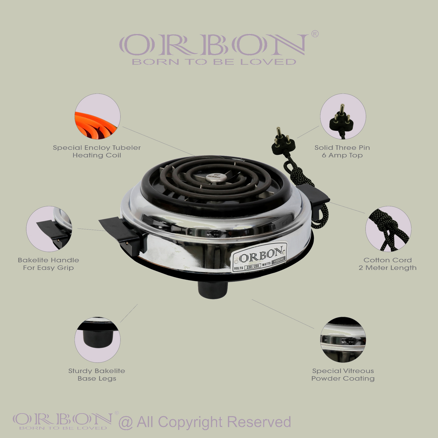 ORBON Electric Coil Cooking Stove 1000 Watts Round Chrome