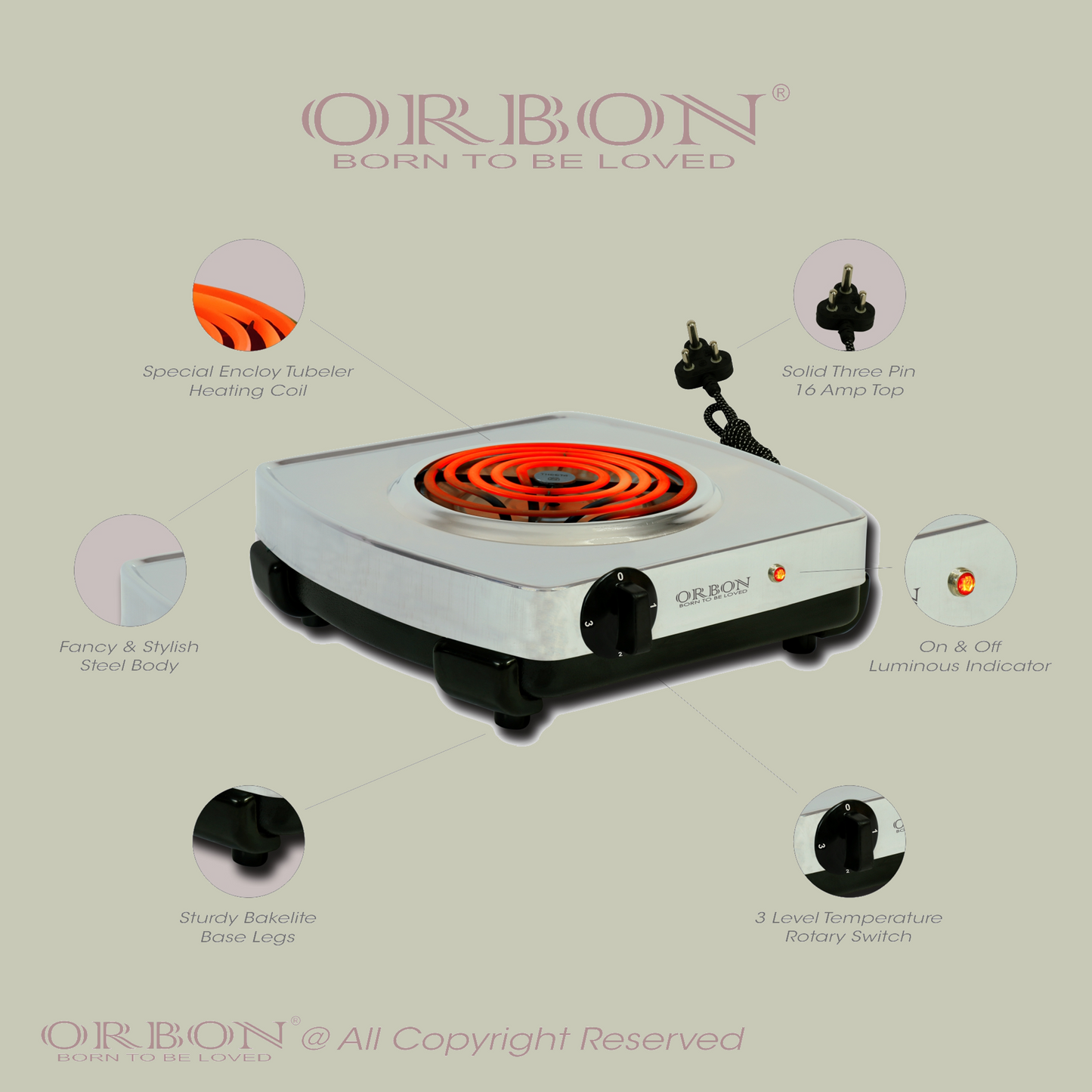 ORBON Electric Coil Cooking Stove 2000 Watts Classic Chrome