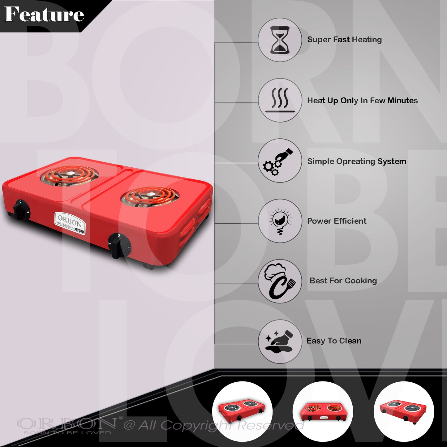 ORBON Electric Coil Cooking Stove 2000 + 2000 Watts Double Red