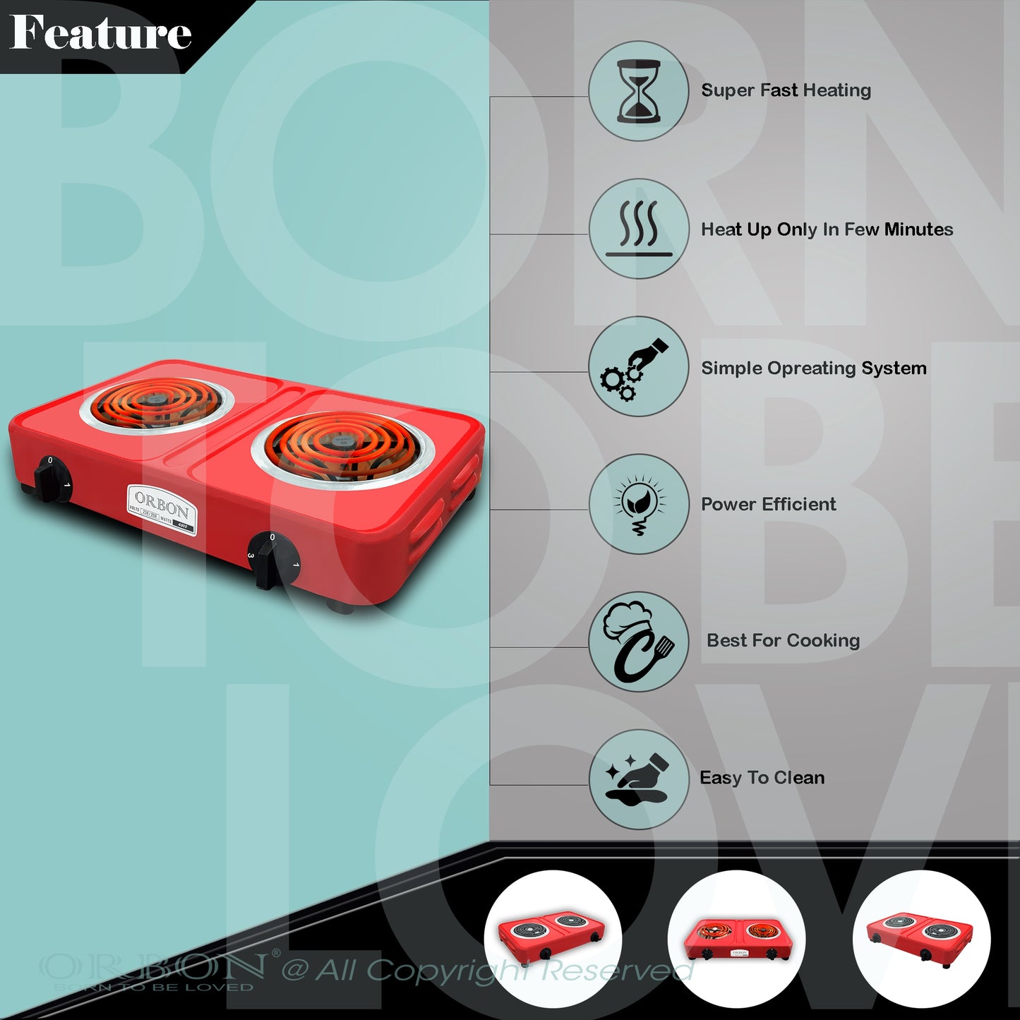 ORBON Electric Coil Cooking Stove 2000 + 2000 Watts Double Red