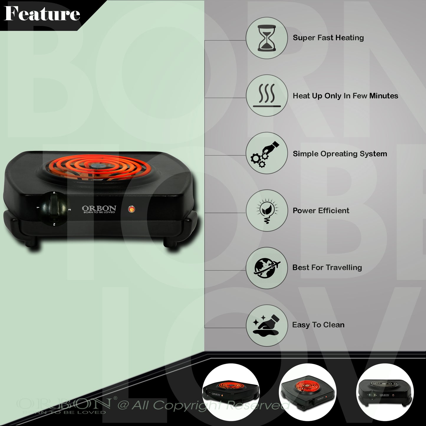 ORBON Electric Coil Cooking Stove 2000 Watts Classic Black