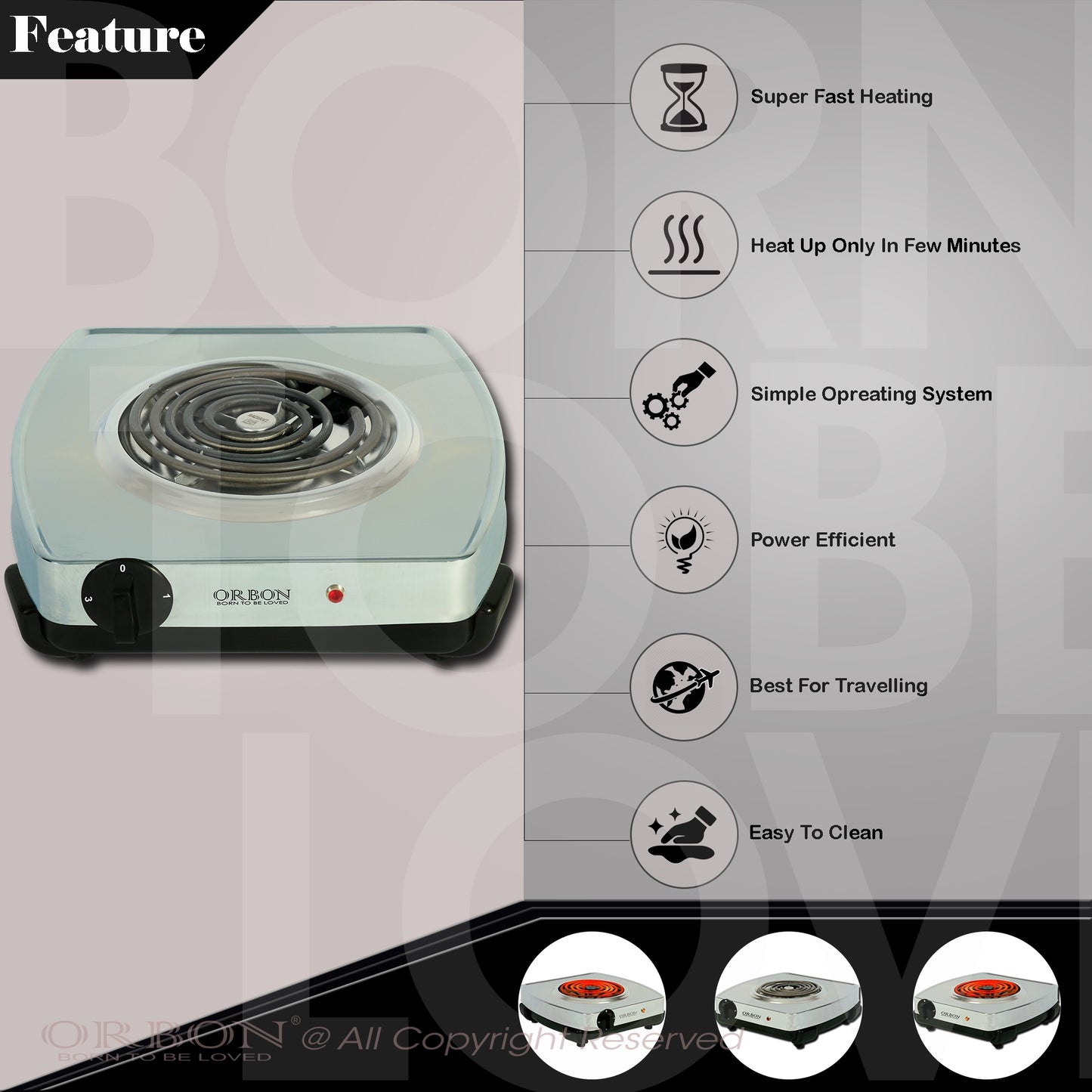 ORBON Electric Coil Cooking Stove 2000 Watts Classic Chrome