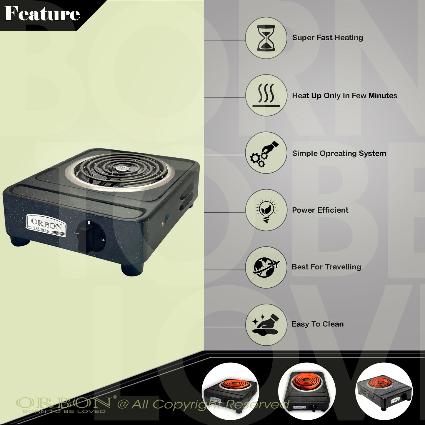 ORBON Electric Coil Cooking Stove 2000 Watts Vitreous