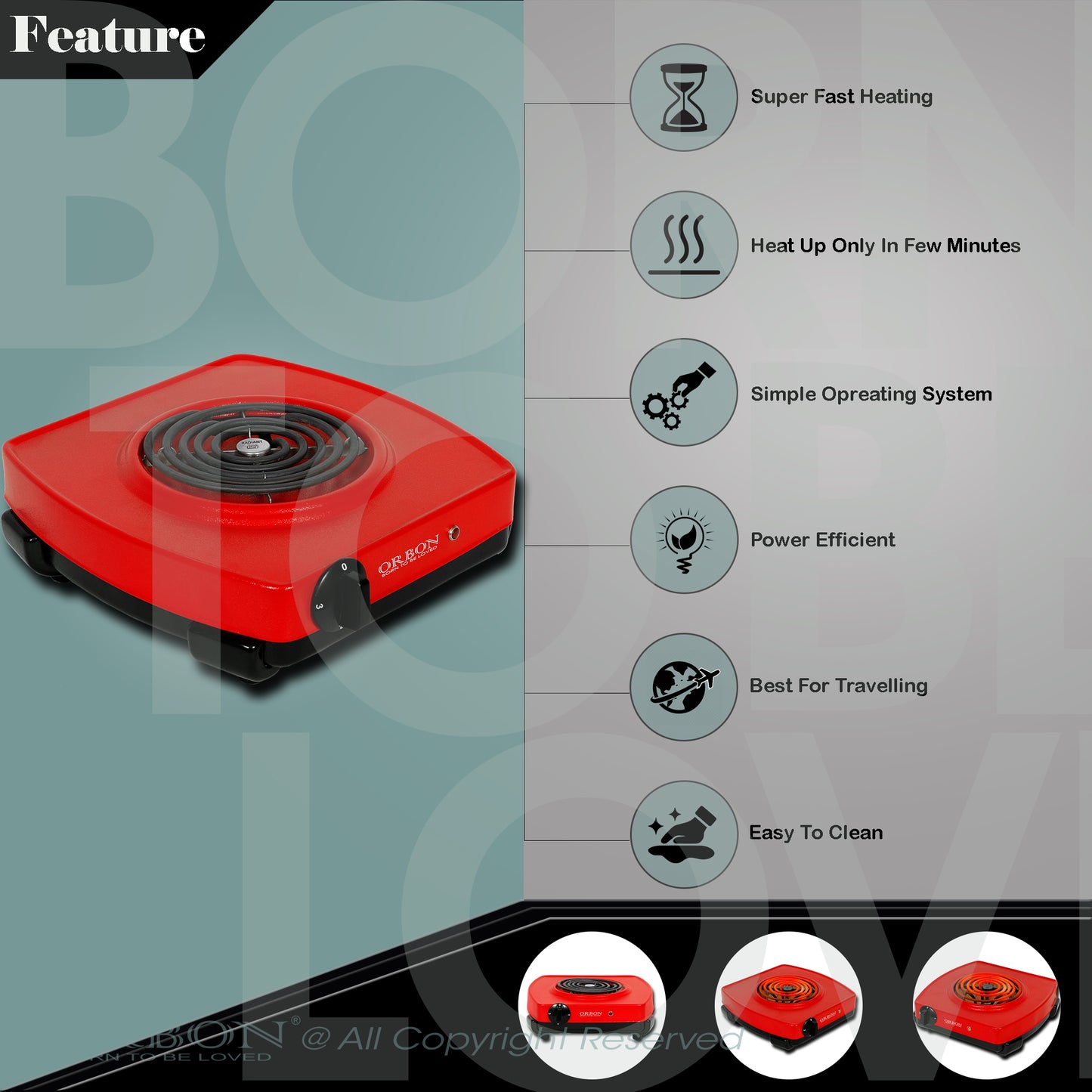 ORBON Electric Coil Cooking Stove 2000 Watts Classic Red