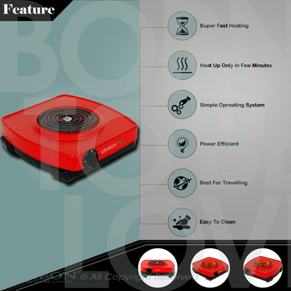 ORBON Electric Coil Cooking Stove 2000 Watts Classic Red