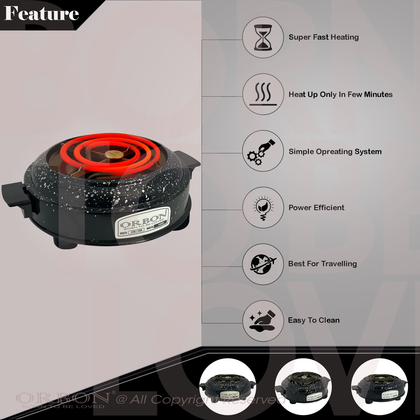 ORBON Electric Coil Cooking Stove 1000 Watts Round Vitreous