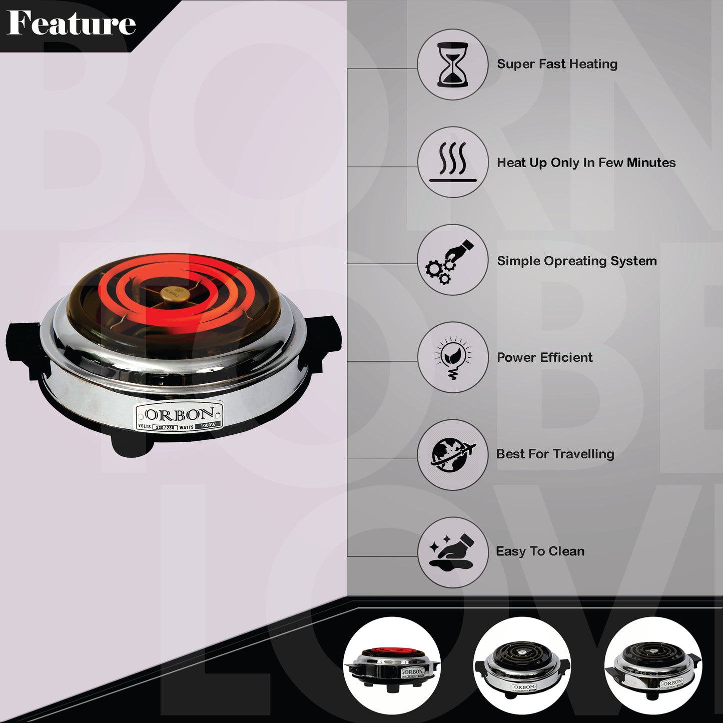 ORBON Electric Coil Cooking Stove 1000 Watts Round Chrome