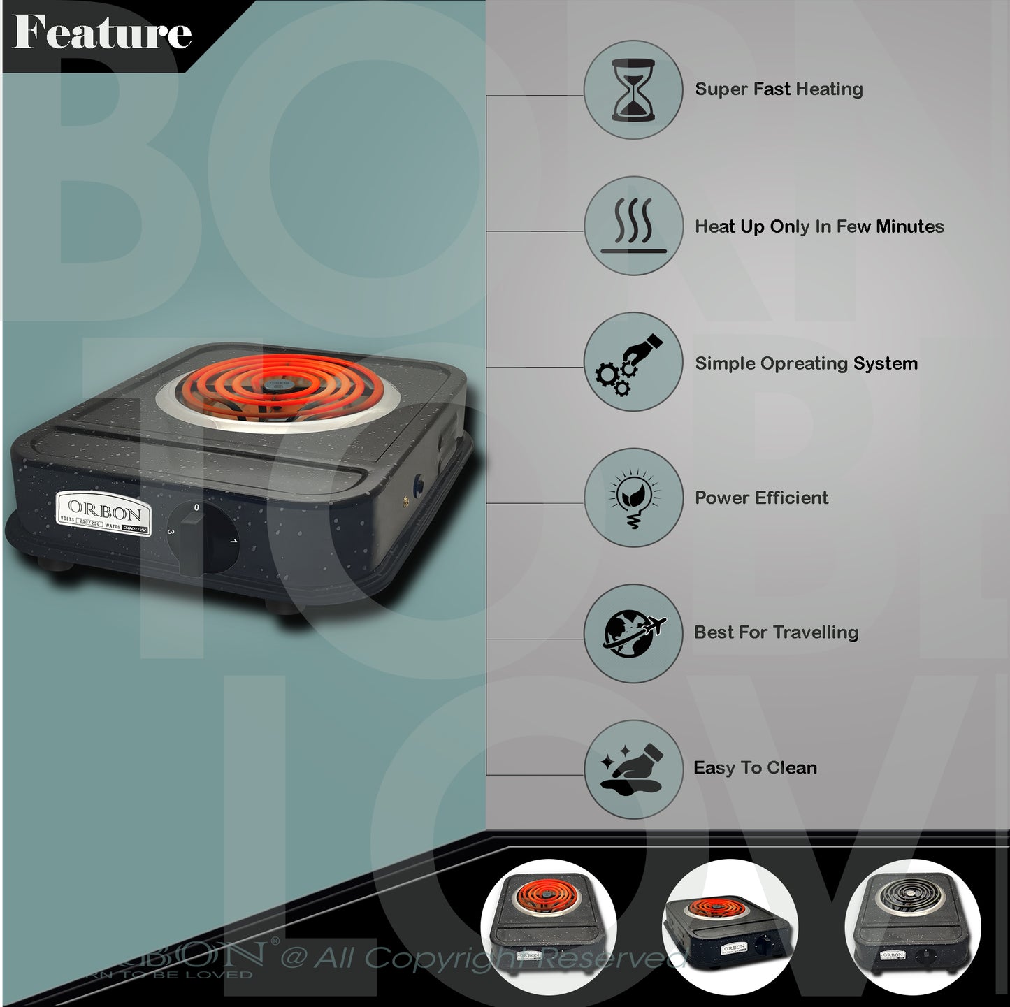 ORBON Electric Coil Cooking Stove 2000 Watts Big Base Grey