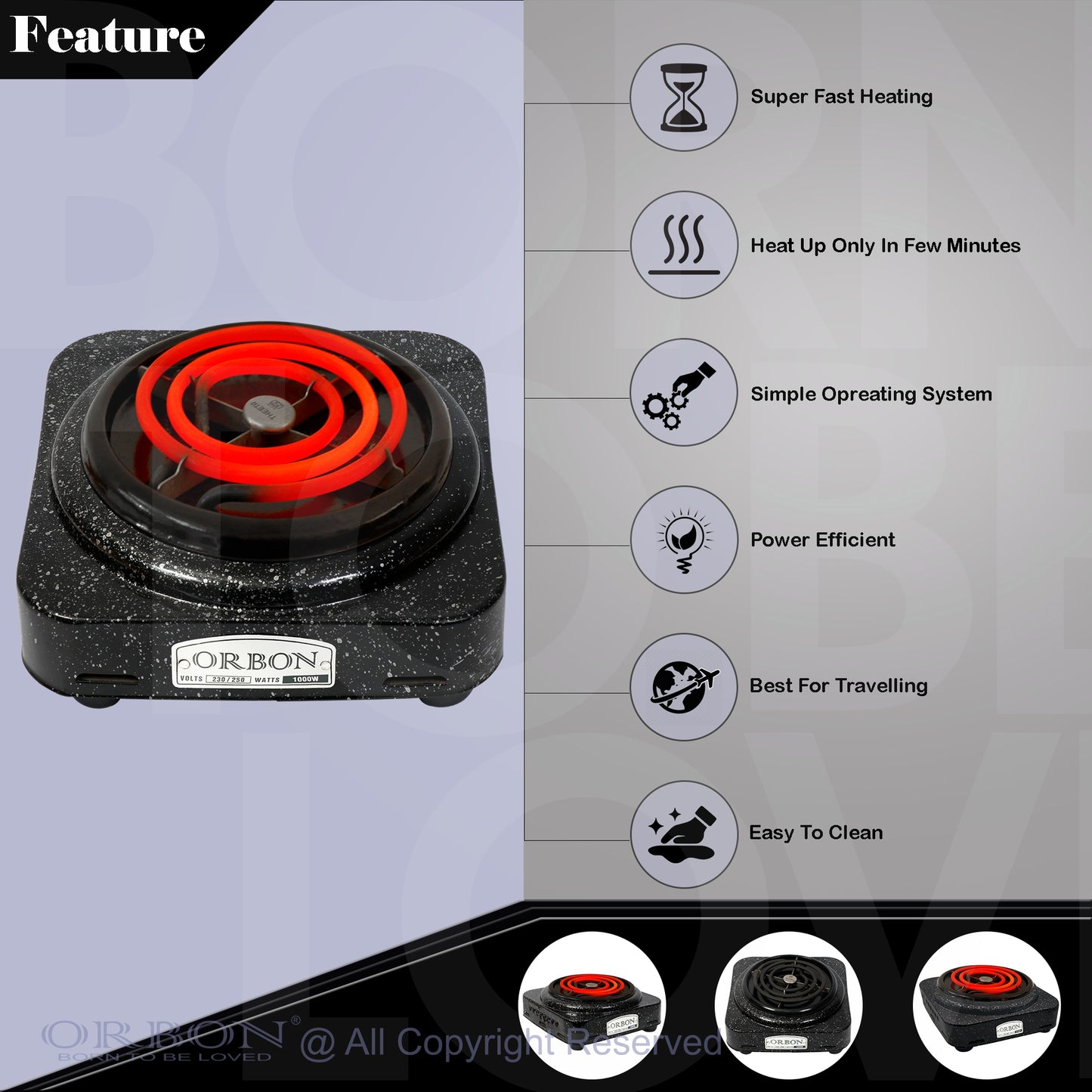 ORBON Electric Coil Cooking Stove 1000 Watts Square Vitreous