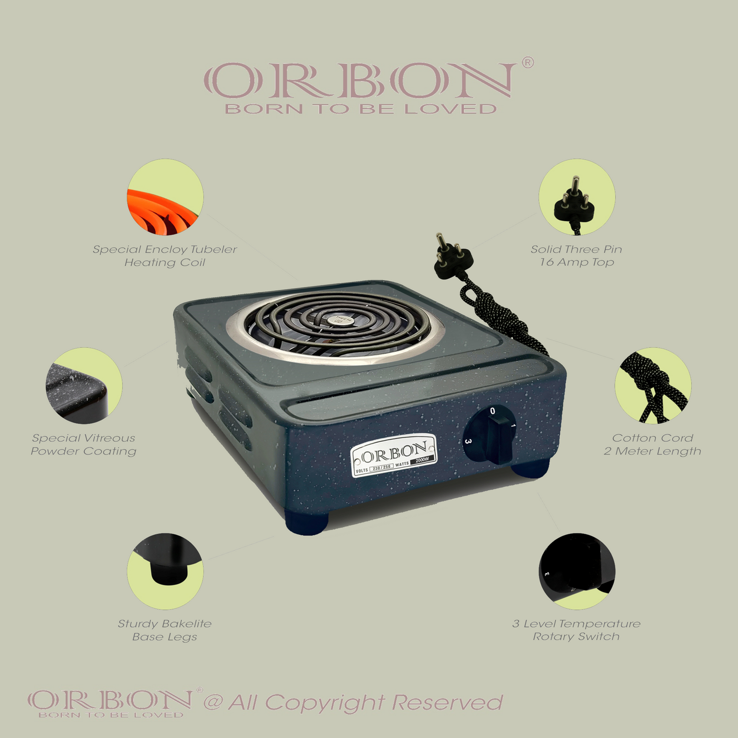 ORBON Electric Coil Cooking Stove 2050 Watts Vitreous